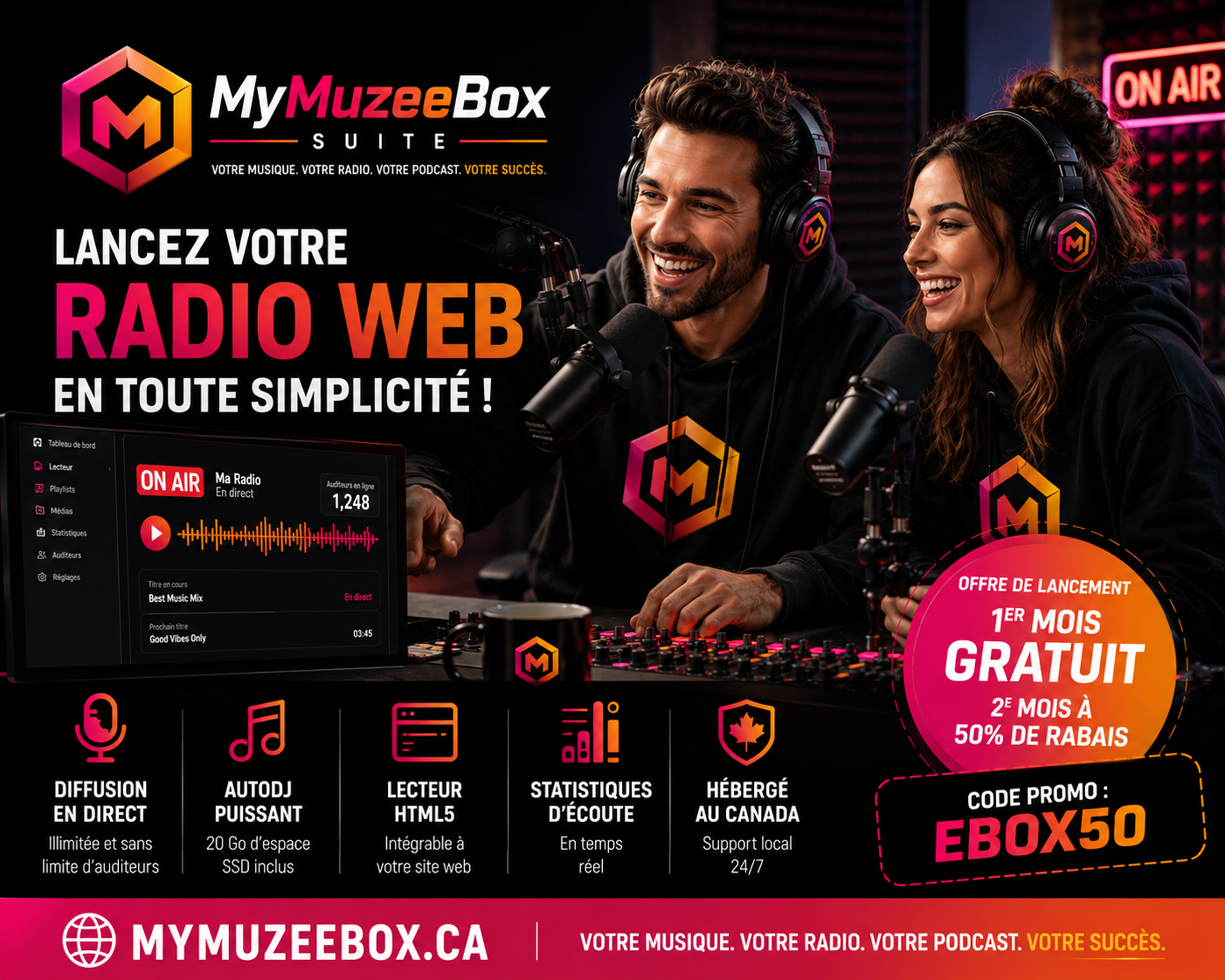 Studio radio MyRadioBox : animateurs à l'antenne avec tableau de bord et lecteur mobile