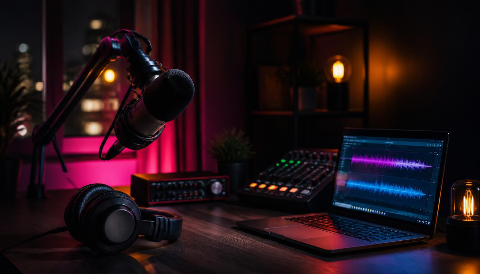 Studio de radio Internet : microphone sur bras articulé, casque de monitoring, interface audio et ordinateur portable